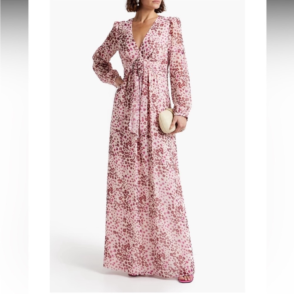 NWT Rachel Zoe Penelope Gathered Bow Maxi Dress Fully Lined Pink Floral Size‎ 14